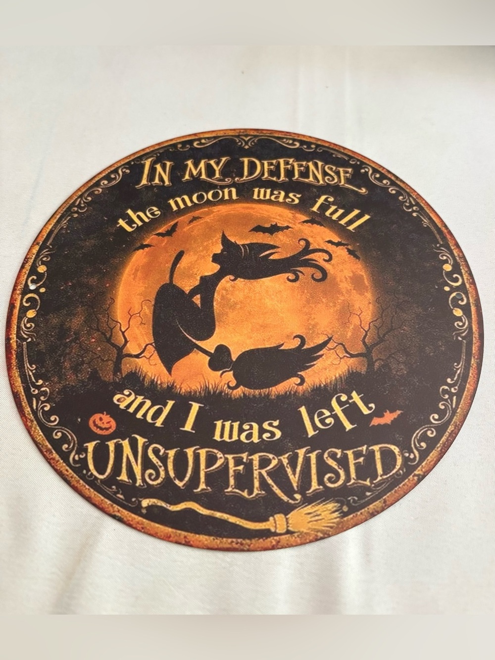 Halloween Round Decorative Aluminum Wall Sign in Orange and Black